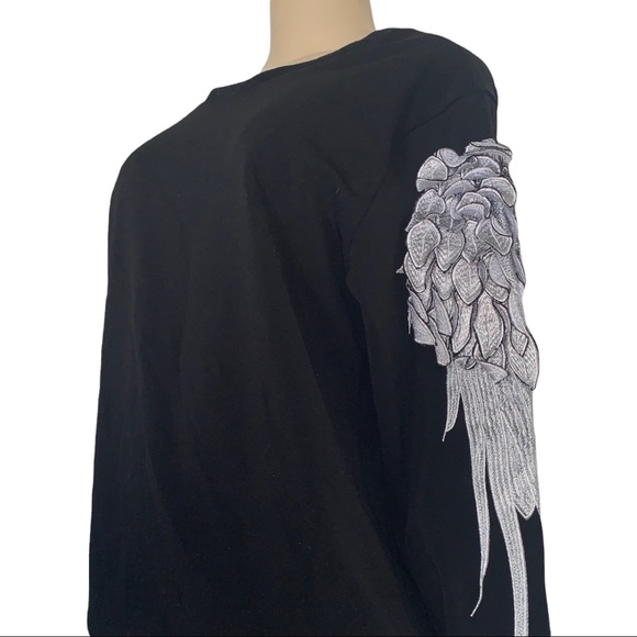 Angel Wing Oversized Stretch Pullover Sweatshirt Blouse Ribbed Waist Silver Leaf - Picture 3 of 5